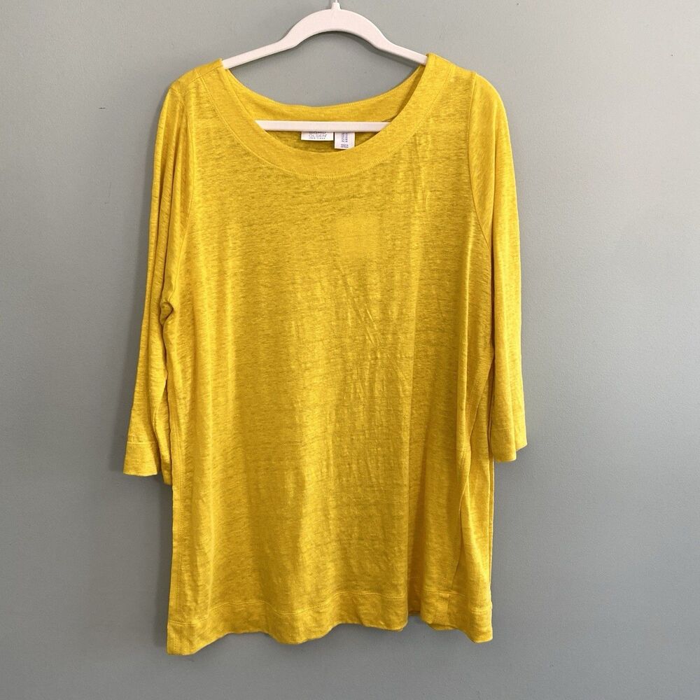 Sigrid Olsen Linen Tunic Top Womens 1X Yellow 3/4 Sleeve Lightweight Minimalist